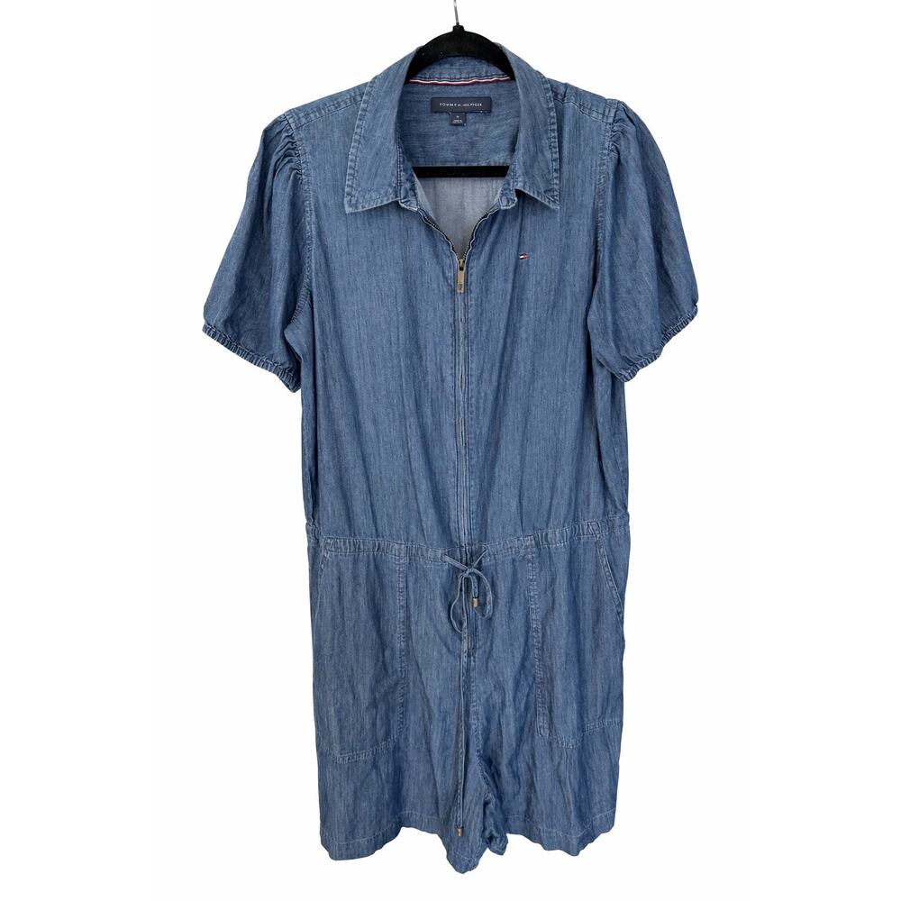 Tommy Hilfiger Chambray Utility Romper Medium Zip Front Puff Sleeve‎ Pockets